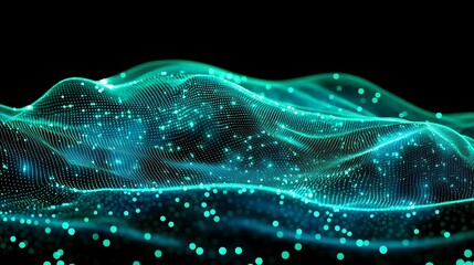 Poster - Abstract Digital Landscape with Blue Particles and Waves in a Dark Background for Modern Design Projects