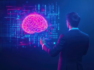 Poster - Businessman in a tailored suit, interacting with a glowing digital brain hologram, futuristic neon lighting, abstract background, vibrant blue and purple hues, 3D rendering