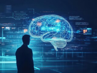 Poster - Businessmans silhouette against a giant holographic digital brain, surrounded by flowing AI algorithms, cinematic lighting, ethereal ambiance, sharp clarity