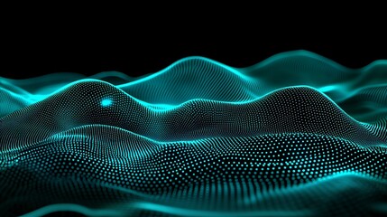 Poster - Abstract digital landscape with glowing particles creating a wave-like structure in a dark environment