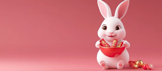 Wall Mural - A cute white rabbit holding red and gold ingots, in a Chinese New Year atmosphere