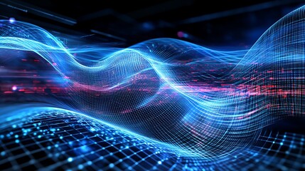 Poster - abstract digital waves in blue and red with glowing lights and dynamic motion, technology background