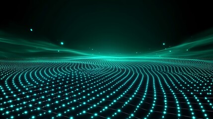 Poster - abstract digital waves with glowing particles on a dark background for futuristic concepts