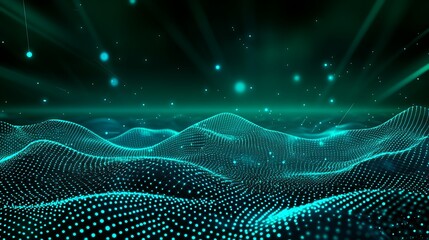 Poster - Abstract Futuristic Background with Glowing Green Waves and Dots in 3D Digital Environment