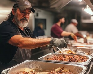 Wall Mural - Volunteers preparing and distributing meals in a community kitchen to help feed the homeless and needy