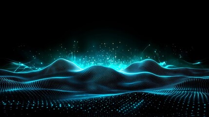 Poster - Abstract Representation of Digital Waves with Glowing Particles and Light Effects in a Dark Background
