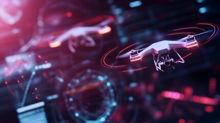 Poster - drones flying amidst futuristic digital interfaces in a high-tech environment