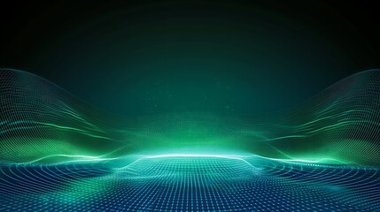 Fototapete - Abstract Waves of Green Light with Digital Grids and Fluid Motion in a Modern Futuristic Landscape Scene