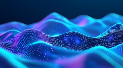 Poster - Abstractive Digital Landscape with Flowing Waves and Light Particles in Blue and Purple Colors