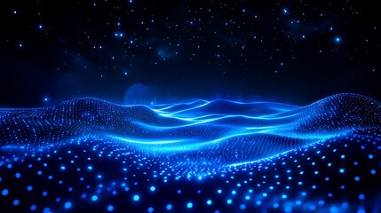 Poster - blue abstract wave patterns with stars in a dark night sky, digital light reflection and wave moveme