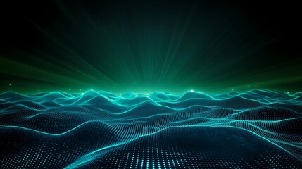 Poster - futuristic abstract digital waves with neon green light and soft gradient in a dark background