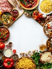 Aufkleber - A vibrant mix of Italian, Japanese, and Mexican cuisines is artfully displayed on a white background, highlighting diverse flavors. Generative AI