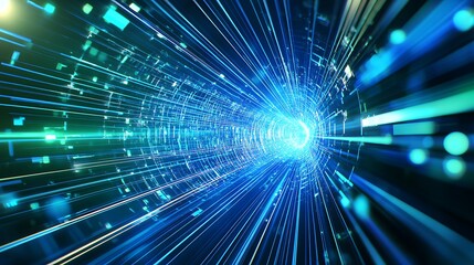 Poster - futuristic abstract light tunnel with blue rays and glowing particles for technology and digital con