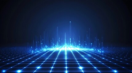 Poster - futuristic blue digital grid with light rays and data visualization in a high-tech environment