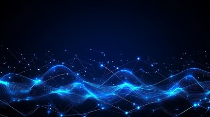 Poster - Futuristic Blue Digital Waves with Light Particles and Abstract Lines in Dark Environment