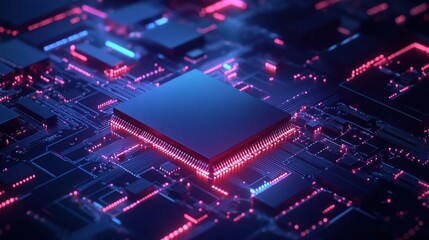 Leinwandbilder - An advanced AI chip merges with a vibrant tech brain against a dark blue background, showcasing themes of artificial intelligence. Generative AI