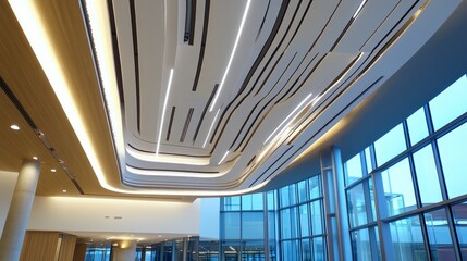 Poster - Ceiling detail in a modern building with aligned cable conduits, junction boxes, and piping systems illuminated by exhibition lamps