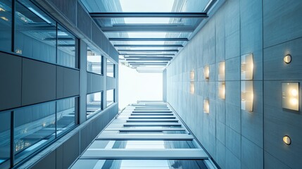 Poster - Ceiling detail in a modern building with aligned cable conduits, junction boxes, and piping systems illuminated by exhibition lamps