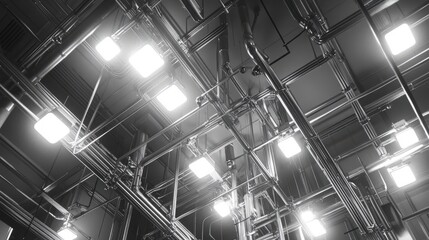 Poster - Ceiling detail in a modern building with aligned cable conduits, junction boxes, and piping systems illuminated by exhibition lamps
