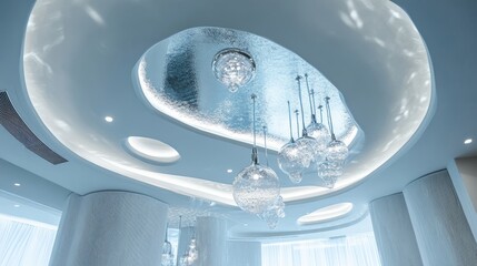 Poster - Detailed view of a modern ceiling with integrated electrical and plumbing systems illuminated by contemporary exhibition lamps