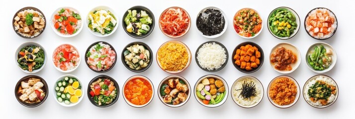 Poster - A colorful assortment of Italian, Japanese, and Mexican dishes is displayed attractively against a plain white background, perfect for text. Generative AI