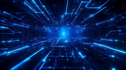 Poster - Futuristic Digital Space with Glowing Blue Lines and Circuit Patterns Creating a Tech Background Scene