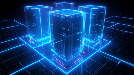 Poster - futuristic digital storage blocks with neon blue lines on a dark background for technology concepts