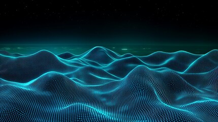 Poster - Futuristic Digital Waves with Blue Glowing Patterns in a Dark Starry Background for Advanced Technology Concepts