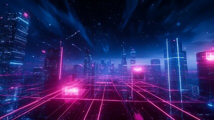 Wall Mural - Futuristic Neon Cityscape with Glowing Lines and Starry Sky at Night in Cyberpunk Theme