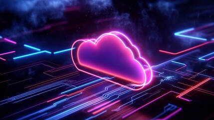 Poster - Vibrant digital illustration of a cloud with neon lights on a high-tech circuit board