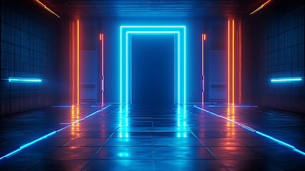 Wall Mural - Futuristic Neon Corridor with Glowing Lights and Reflections in Dark Environment