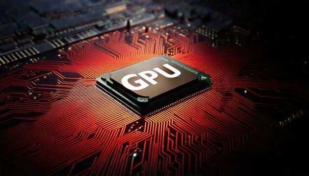  Close-up gpu label on red circuit board design technology graphics processing unit futuristic