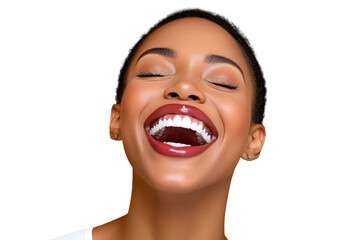 Happy ecstatic African American woman smiling with eye closed isolated on colorful yellow background