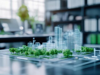 Poster - Holographic interface of a sustainable city plan in a modern tech office, emphasizing urban innovation