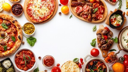 Poster - A vibrant display of diverse dishes features Italian, Japanese, and Mexican cuisines surrounded by ample blank space for text or branding. Generative AI