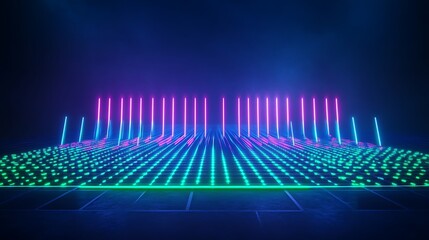 Poster - neon lights display with colorful rays in dark space creating an immersive futuristic atmosphere