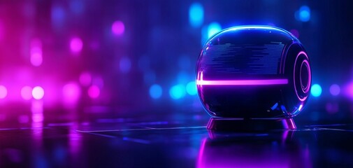 Poster - A glowing sphere with neon lights on a reflective surface, surrounded by vibrant colors.