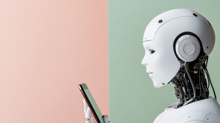 Poster - A humanoid robot interacts with a smartphone against a pastel background.
