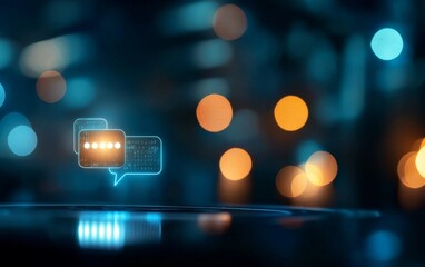 Poster - A glowing chat bubble with digital elements against a blurred background of colorful lights.