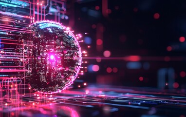 Poster - Digital abstract representation featuring glowing data streams and a spherical element in vibrant colors.
