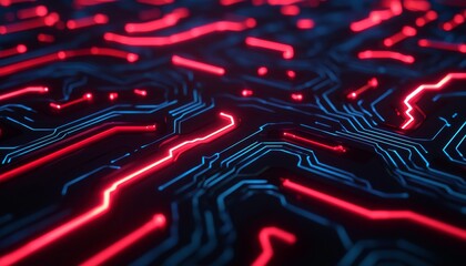 Poster - Abstract close-up of illuminated circuit board with glowing red and blue lines.