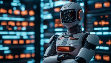 Poster - A futuristic robot stands confidently against a backdrop of glowing digital screens.