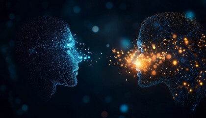 Poster - Two abstract faces composed of glowing particles engage in a vibrant connection.
