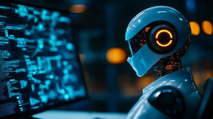 Poster - Futuristic robot interacting with a digital interface in a tech environment.