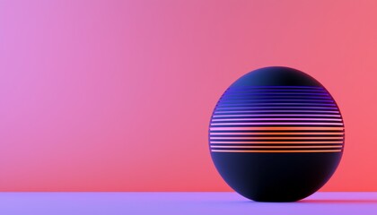 Poster - A colorful striped sphere against a gradient background of pink and purple hues.