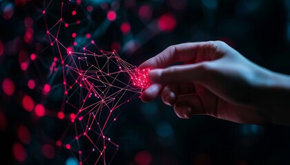 Poster - A hand interacts with glowing red connections in a dark, digital environment.