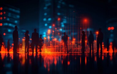 Poster - Silhouettes of people against a digital cityscape with bright neon lights and abstract data visuals.