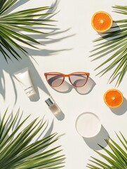 Poster - Sunglasses, sunscreen, and fresh oranges are arranged with palm leaves on a bright background, evoking the essence of summer relaxation. Generative AI