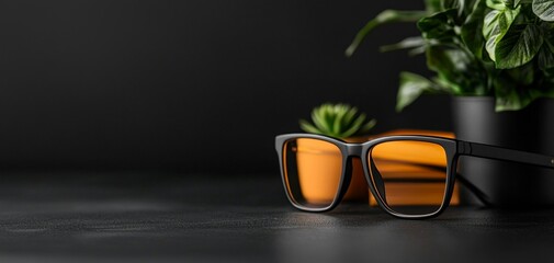 Poster - Stylish sunglasses with orange lenses alongside a vibrant green plant on a dark surface.