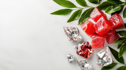 Poster - Colorful Gems and Leaves Arrangement on a Bright Background